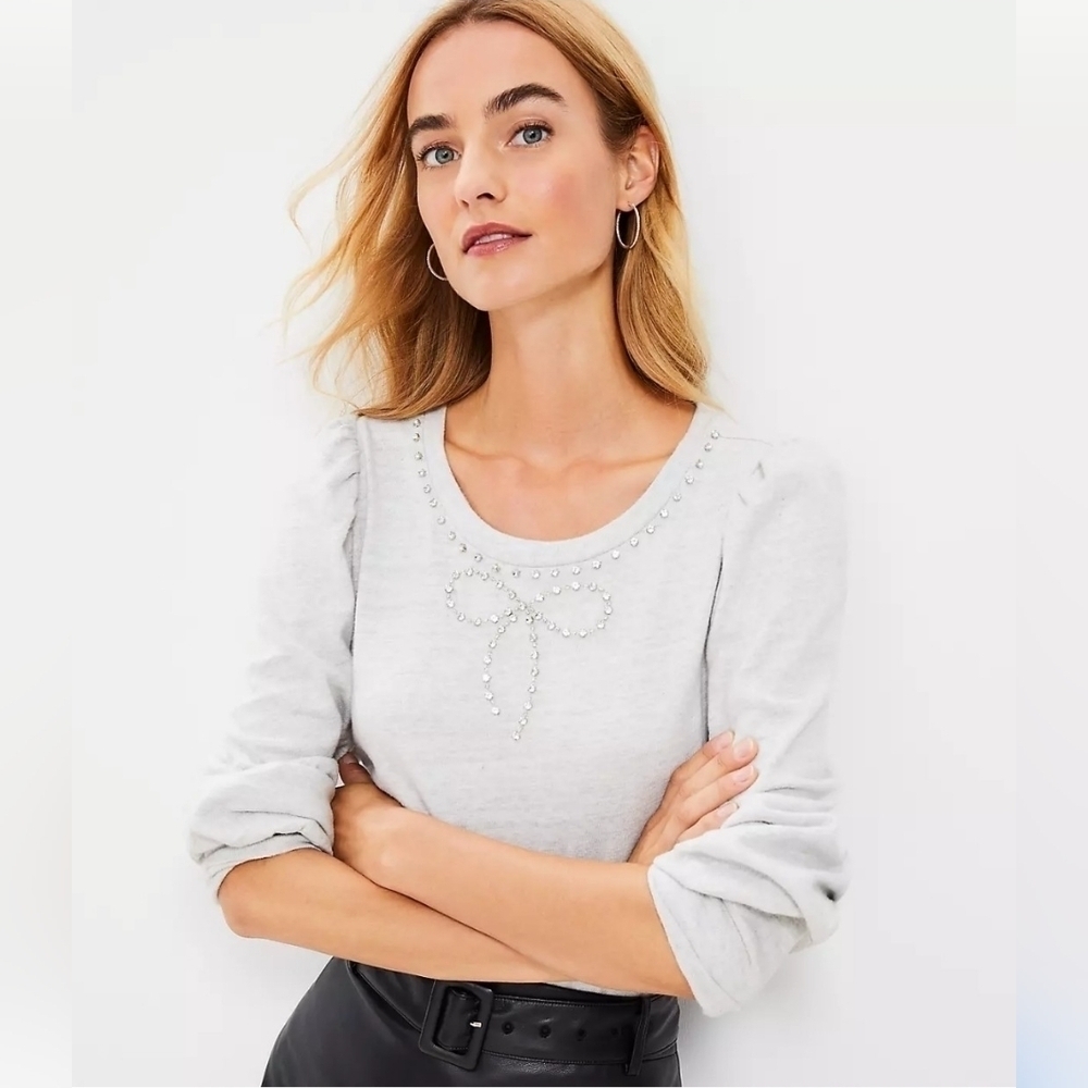 Loft Sparkle Bow Puffed Sleeve Sweatshirt Medium